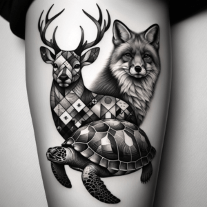 Stag, Fox, And Turtle In A Patchwork Tattoo Style