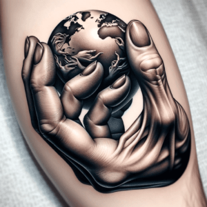 Surrealism Tattoo Design Of A Hand Holding A Tiny World