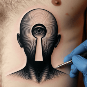 Surrealism Tattoo Of A Person With A Keyhole Face