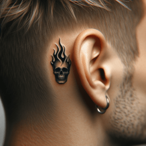 Tiny Flaming Skull Behind The Ear