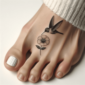 Tiny Hummingbird And Flower On The Second Toe