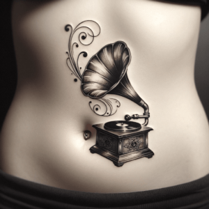 Tiny Vintage Gramophone With Musical Notes Flowing Out