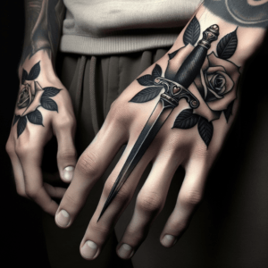 Traditional Dagger And Roses On The Fingers