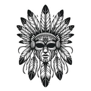 Tribal Mask With Feathers In Black Ink