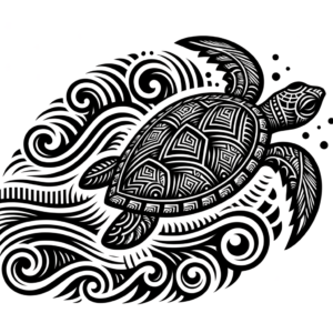 Tribal Turtle With Waves In Black Ink