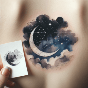 Watercolor Night Sky With Stars And A Crescent Moon