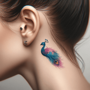 Watercolor Peacock With Vibrant Colors Behind The Ear