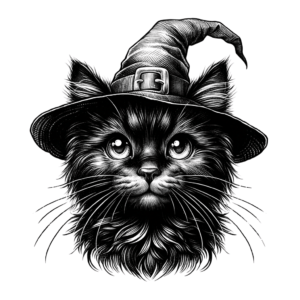 Adorable Black Cat With A Witch Hat In Watercolor Style