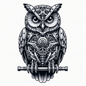 Biomechanics Owl With Mechanical Parts Integrated Into The Body