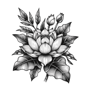Botanical Lotus With Leaves And Stems