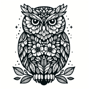 Botanical Owl With Floral Patterns Integrated Into The Feathers