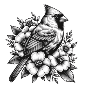 Botanical Style Cardinal Surrounded By Flowers