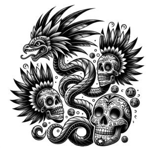 Chicano Style Quetzalcoatl With Sugar Skulls