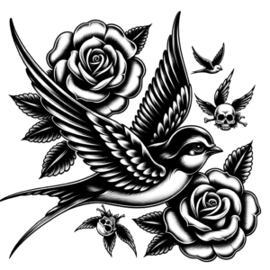 Chicano Style Swallow With Roses And Skulls