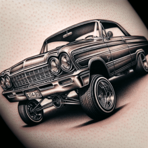 Chicano Tattoo In A Micro Realism Style Depicting A Classic Lowrider Car