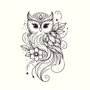 Feminine Owl With Soft, Flowing Lines And Floral Accents