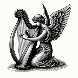 Fine-Line Angel Playing A Harp