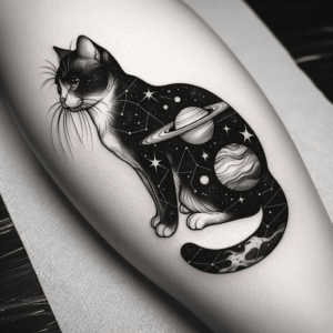 Fine Line Cat With Stars And Planets