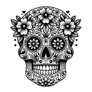 Fine Line Chicano-Style Sugar Skull With Flowers