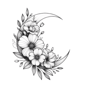 Fine-Line Crescent Moon With Flowers