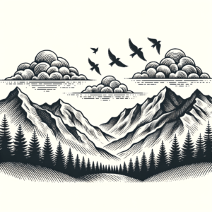 Fine-Line Mountain With Birds Flying