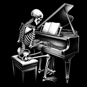 Fine Line Skeleton Playing A Piano