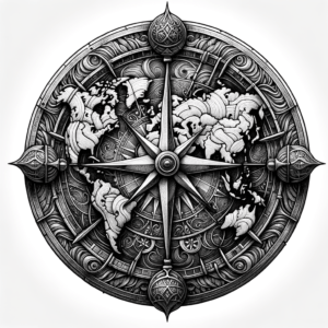 Hand-Drawn World Map Combined With A Compass