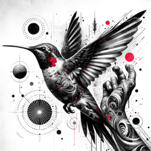 Hummingbird With A Trash Polka Design And Red Accents
