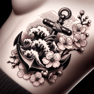 Japanese Anchor With Waves And Cherry Blossoms