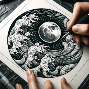 Japanese Crescent Moon With Waves