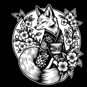 Japanese Fox With Traditional Kimono And Cherry Blossoms