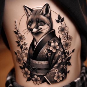 Japanese Fox With Traditional Kimono And Cherry Blossoms