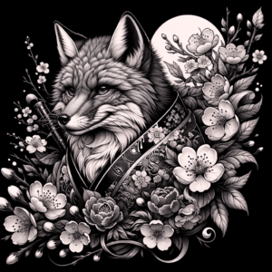 Japanese Fox With Traditional Robes And Sakura Blossoms