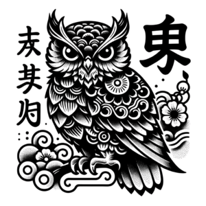 Japanese Owl With Traditional Elements And Kanji