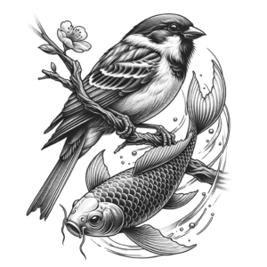 Japanese Sparrow With Koi Fish