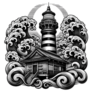 Japanese-Style Lighthouse With Stylized Waves
