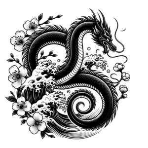 Japanese-Style Ouroboros With Waves And Cherry Blossoms