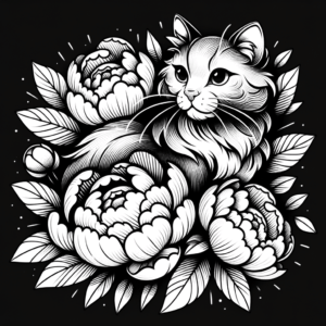 Neo-Traditional Cat With Peonies