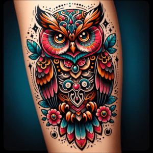 Neo-Traditional Owl With Vibrant Colors And Modern Elements