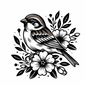 Neo-Traditional Sparrow With Flowers