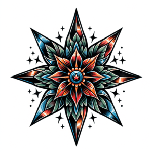 Neo-Traditional Star With Vibrant Colors And Intricate Patterns
