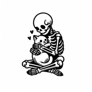 Skeleton Hugging A Cat In Tiny Style
