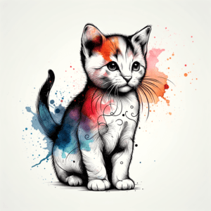 Watercolor Cat With Splashes Of Color