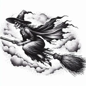 Dotwork Halloween Witch Flying On A Broom