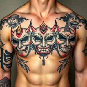 Tattoo on men's chest in Japanese style masks 5 pieces in sections