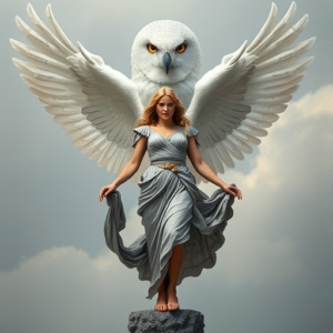 Athena goddess descending with wings and giant majestic white owl behind her