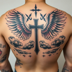 Back tattoo with wings and clouds RIP