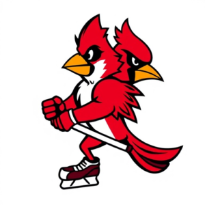 Ball State University Cardinal mascot holding a hockey stick