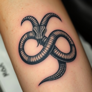 Black mamba shaped in an infinity symbol strangling a goat