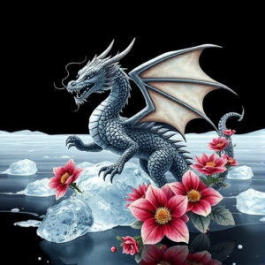 Dragon on ice and flowers